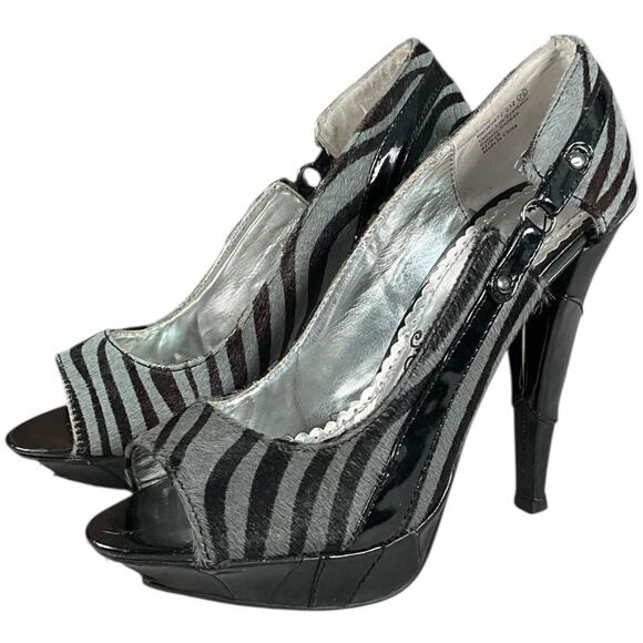 Y2K Naughty Monkey Portia Grey Black Size 7.5 Vintage Zebra Print Stiletto Used - Picture 1 of 15
